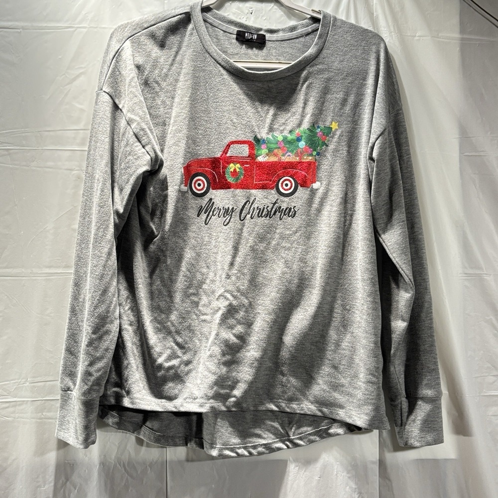 Women's Modern Canvas Christmas Shirt Long Sleeve Gray Size L